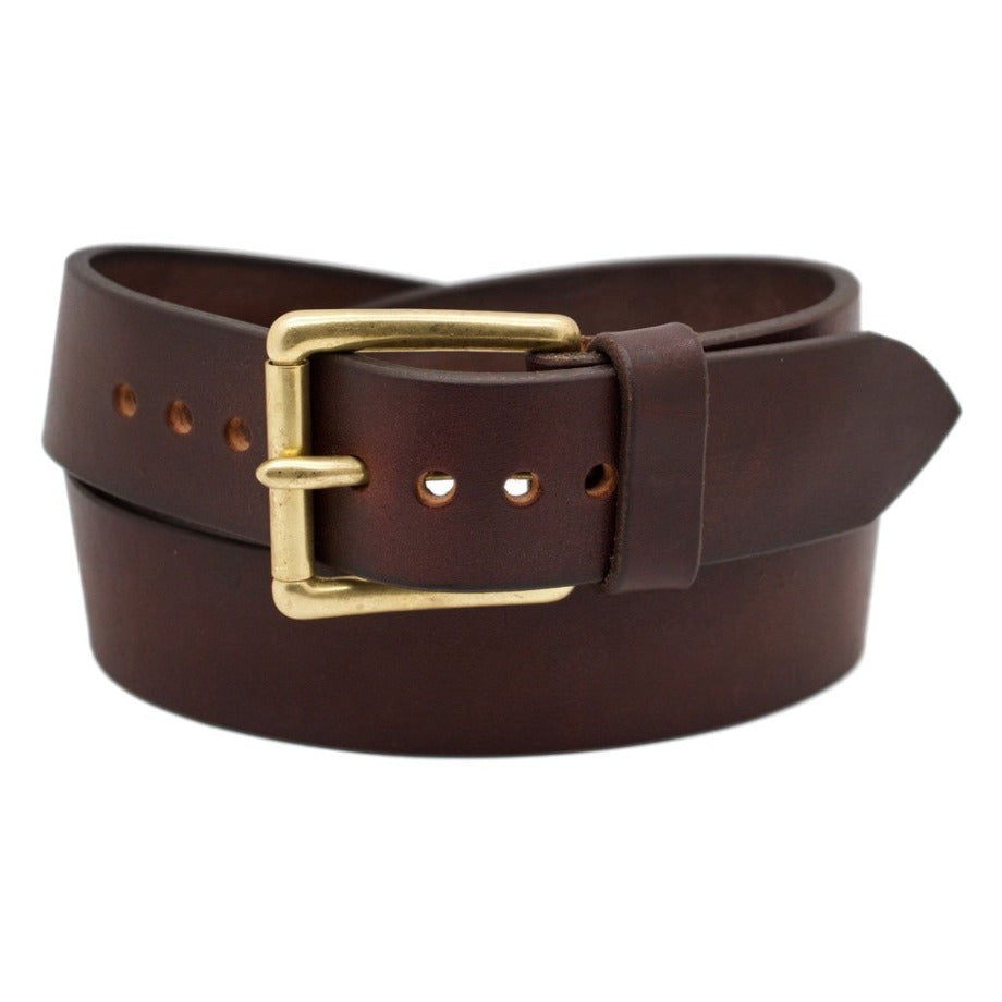 Front Side of Classic Mahogany Mens Wide Brown Leather Belt with Solid Brass Buckle