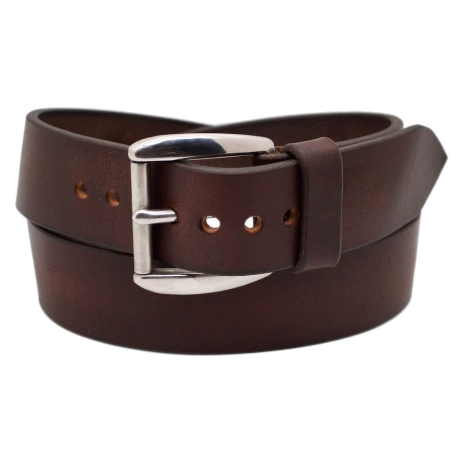 Front Side of Classic Mahogany Mens Wide Brown Leather Belt with Stainless Steel Buckle