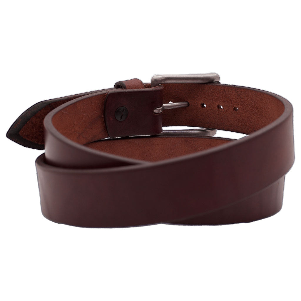 Back Side of Classic Merlot Mens Brown Leather Belt with Stainless Steel Buckle