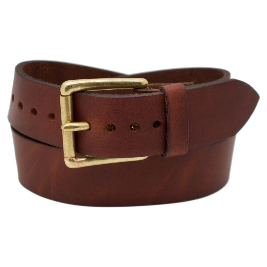 Front Side of Classic Mocha Mens Wide Brown Leather Belt with Solid Brass Buckle
