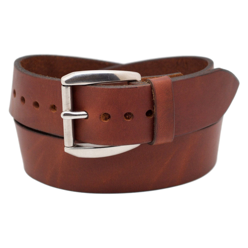 Front Side of Classic Mocha Mens Wide Brown Leather Belt with Stainless Steel Buckle