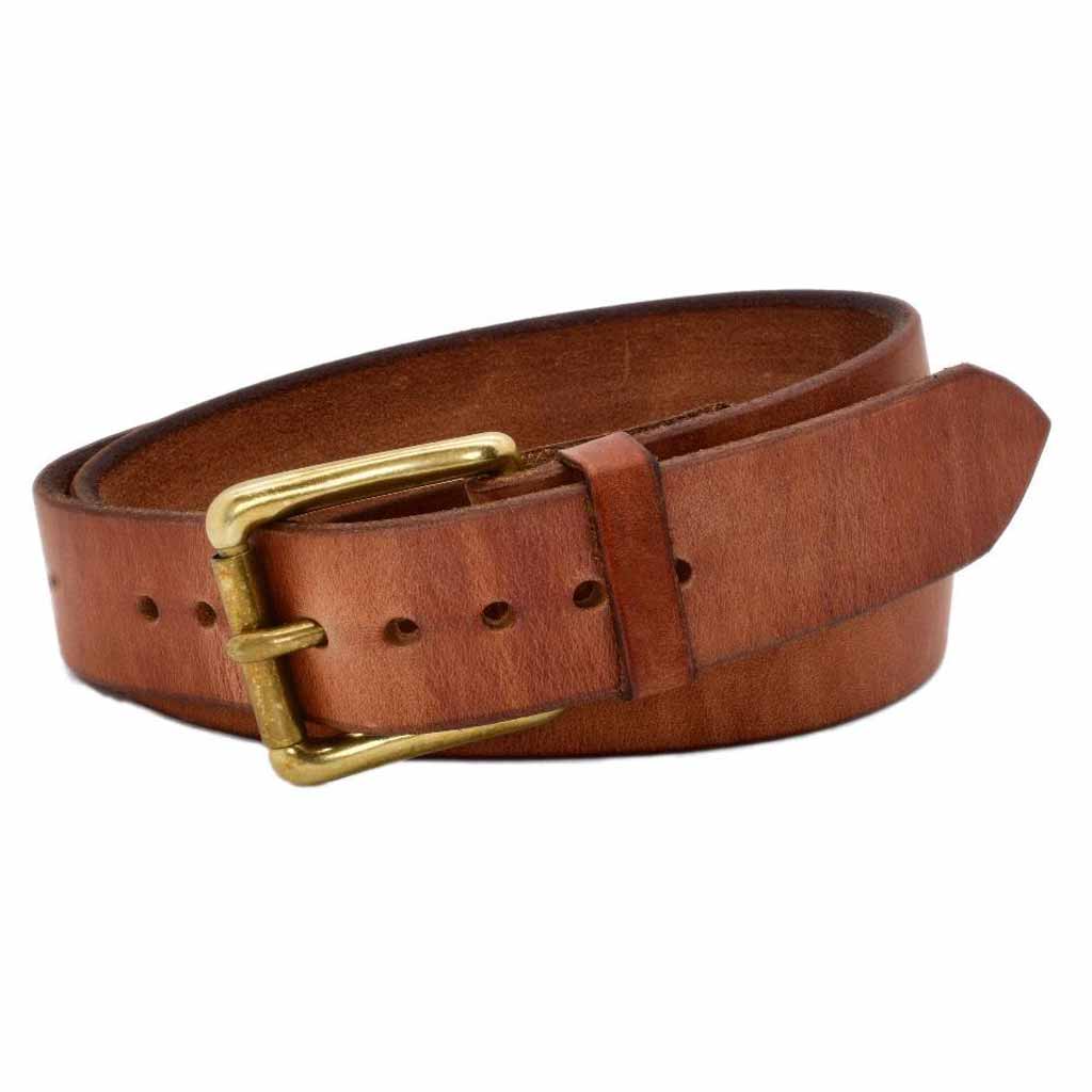 34mm Full Grain Real Leather Belt with Brass Colour Buckle - Vintage Brown