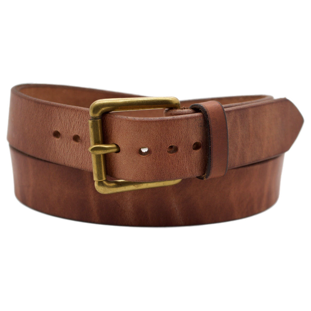 Front Side of Classic Natural Mens Brown Leather Belt with Solid Brass Buckle
