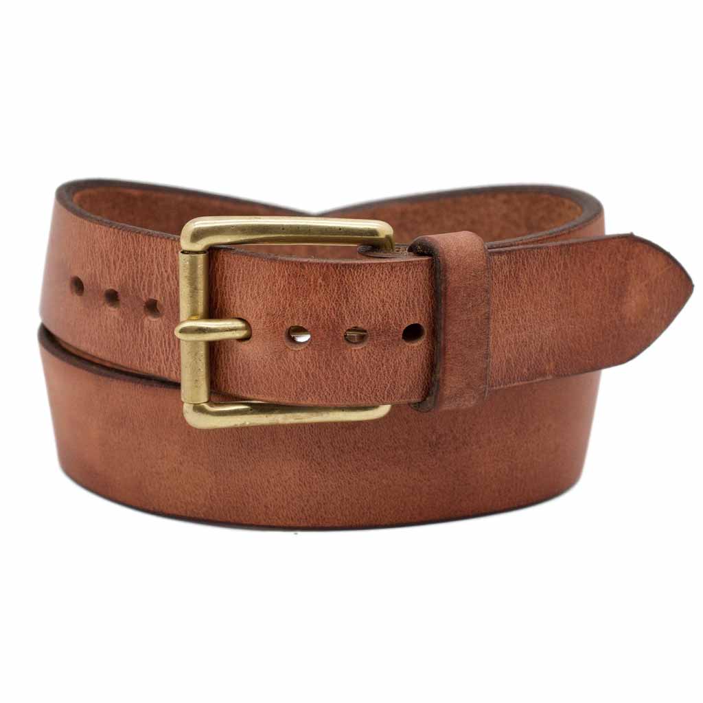 Front Side of Classic Wide Natural Mens Leather Belt with Solid Brass buckle
