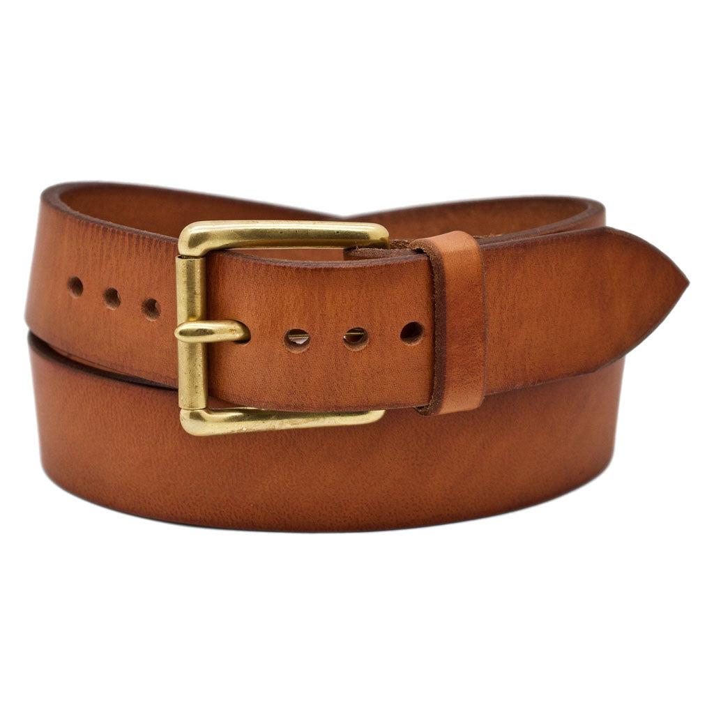 Front Side of Classic Sedona Mens Wide Brown Leather Belt with Solid Brass Buckle