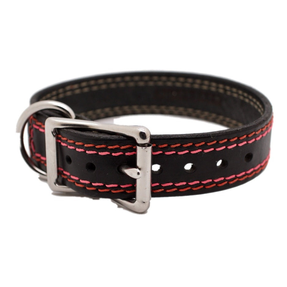 Front Side of Khloe Black Dog Collar with Pink Stitching and Stainless Steel Buckle and D-ring