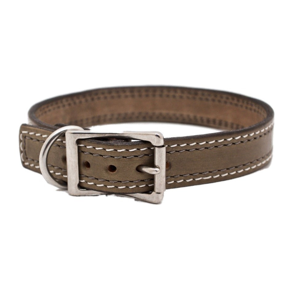 Front Side of Misty May Grey Dog Collar with Platinum and Steel Grey Stitch and Stainless Steel Buckle/D-ring