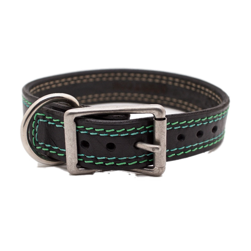 Front Side of Montego Bay Black Dog Collar with Green and Blue Stitching and Stainless Steel Buckle and D-ring