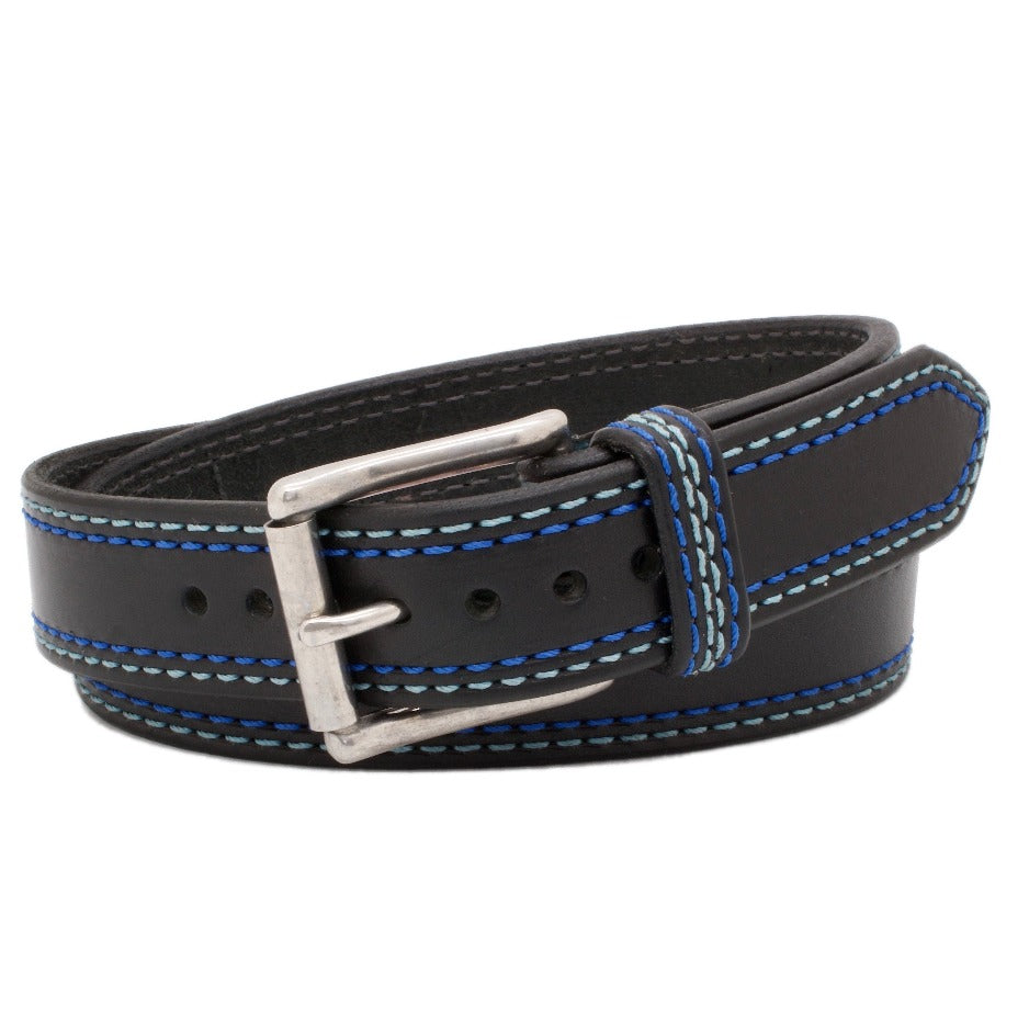 Front Side of Shelby Mens Black Leather Belt with Stainless Steel buckle