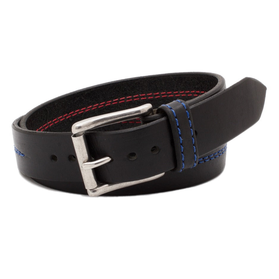 Front Side of Thin Blue Line Black Leather Belt with Blue Stitch and Stainless Steel buckle