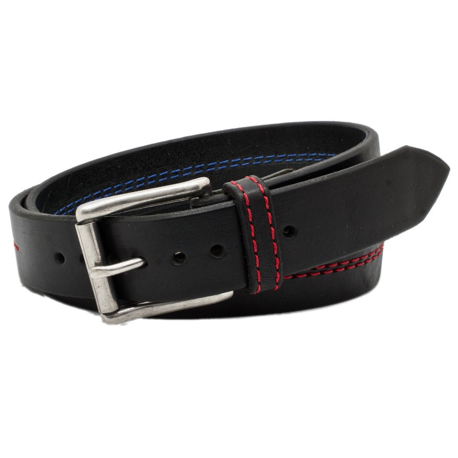 Front Side of Thin Red Line Black Leather Belt with Red Stitch and Stainless Steel buckle