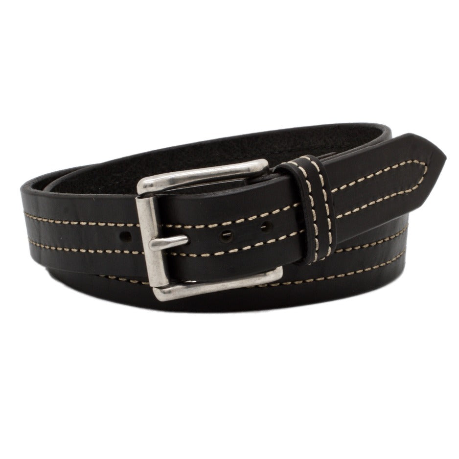 Front Side of Troubadour Mens Black Leather Belt with Stainless Steel