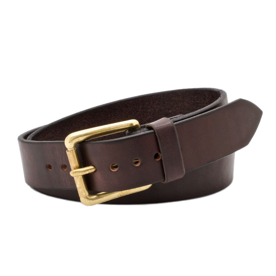 Front Side of Classic Espresso Mens Leather Belt with Solid Brass buckle