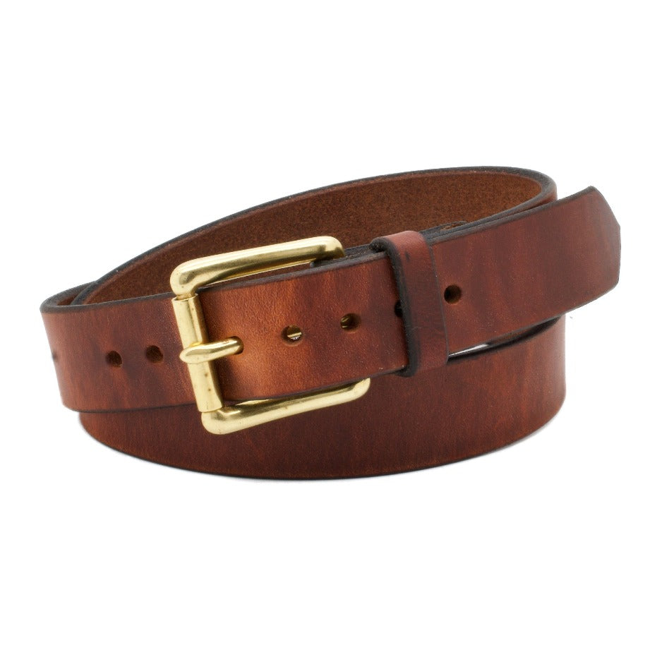 Front Side of Classic Narrow Copper Leather Belt with Solid Brass Buckle