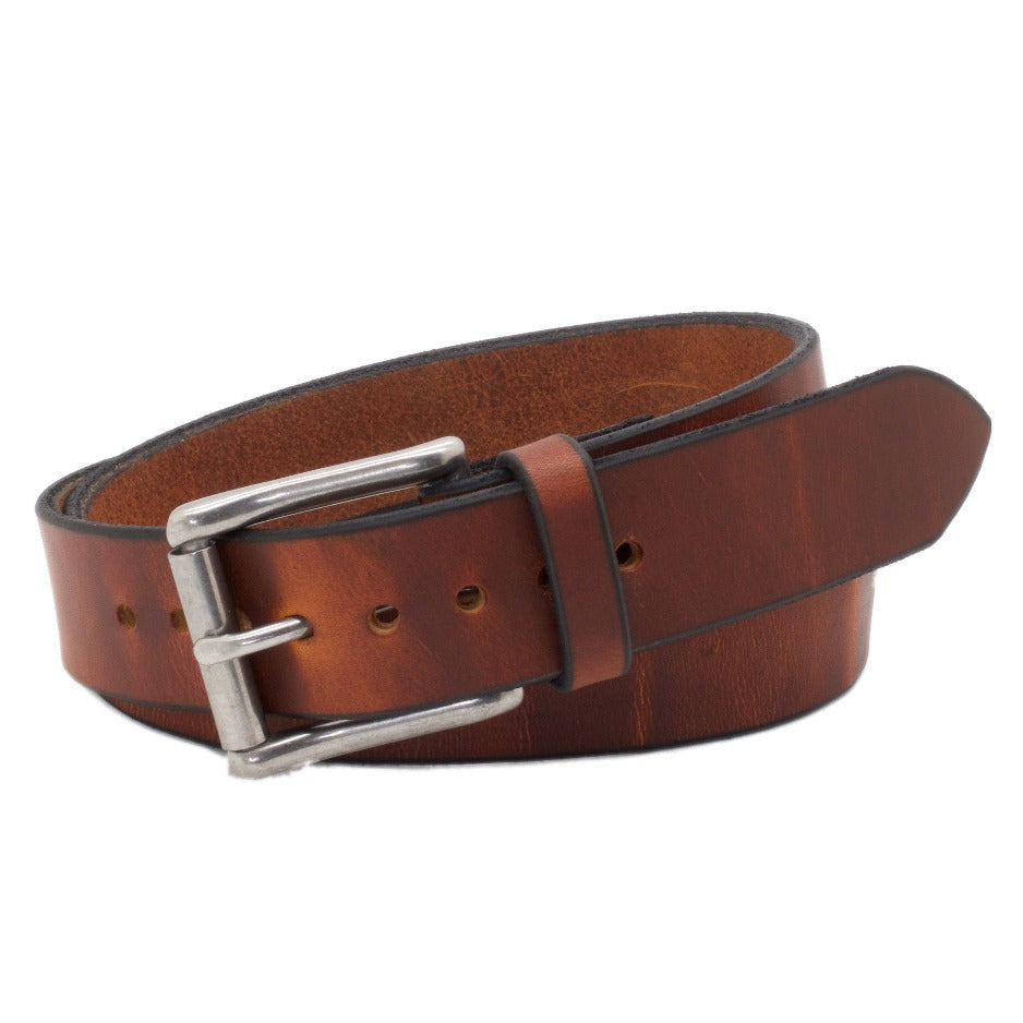 Front Side of Classic Copper Mens Leather Belt with Stainless Steel buckle
