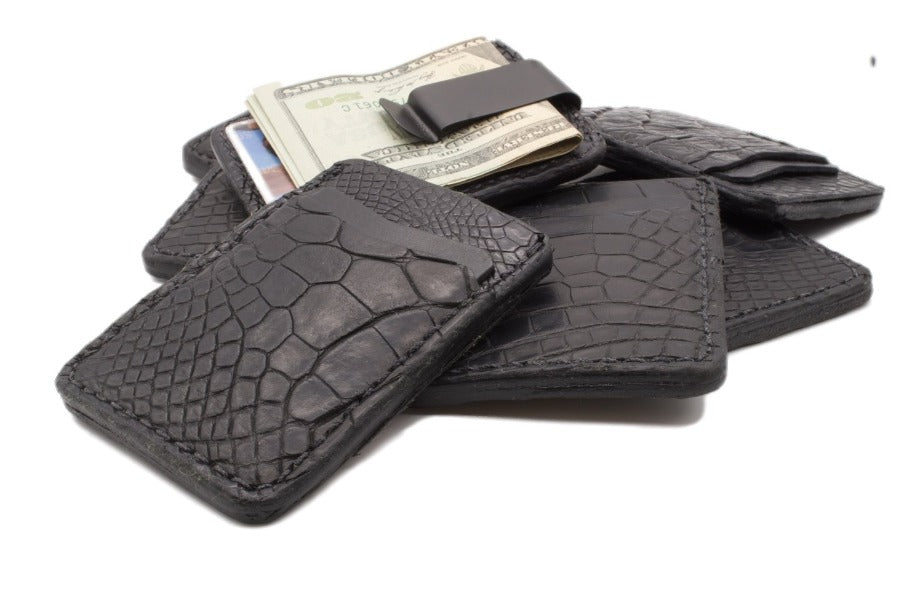 Durable Real Wallet for Men, Black Crocodile Leather, Short Double