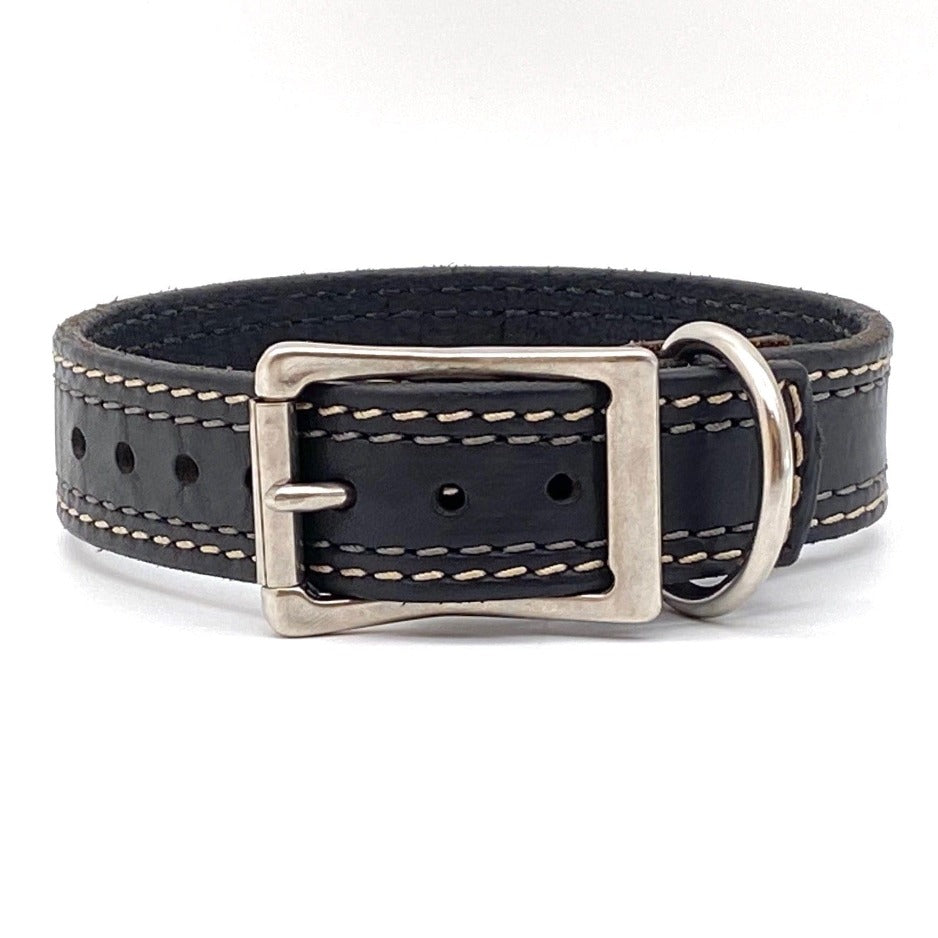 Front Side of Remington Black Dog Collar with Parchment and Steel Stitching and Stainless Steel Buckle and D-ring