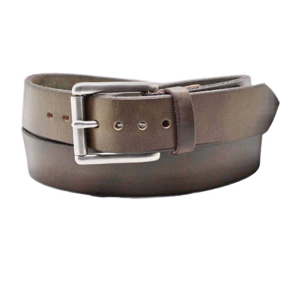 grey unstitched belt with stainless steel silver tone buckle