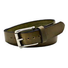 Wide Olive Leather Belt with Polished artisan made Brass Buckle with design QUERCUS, Leather Belt with oak leaves, olive green Wulflund main image 2