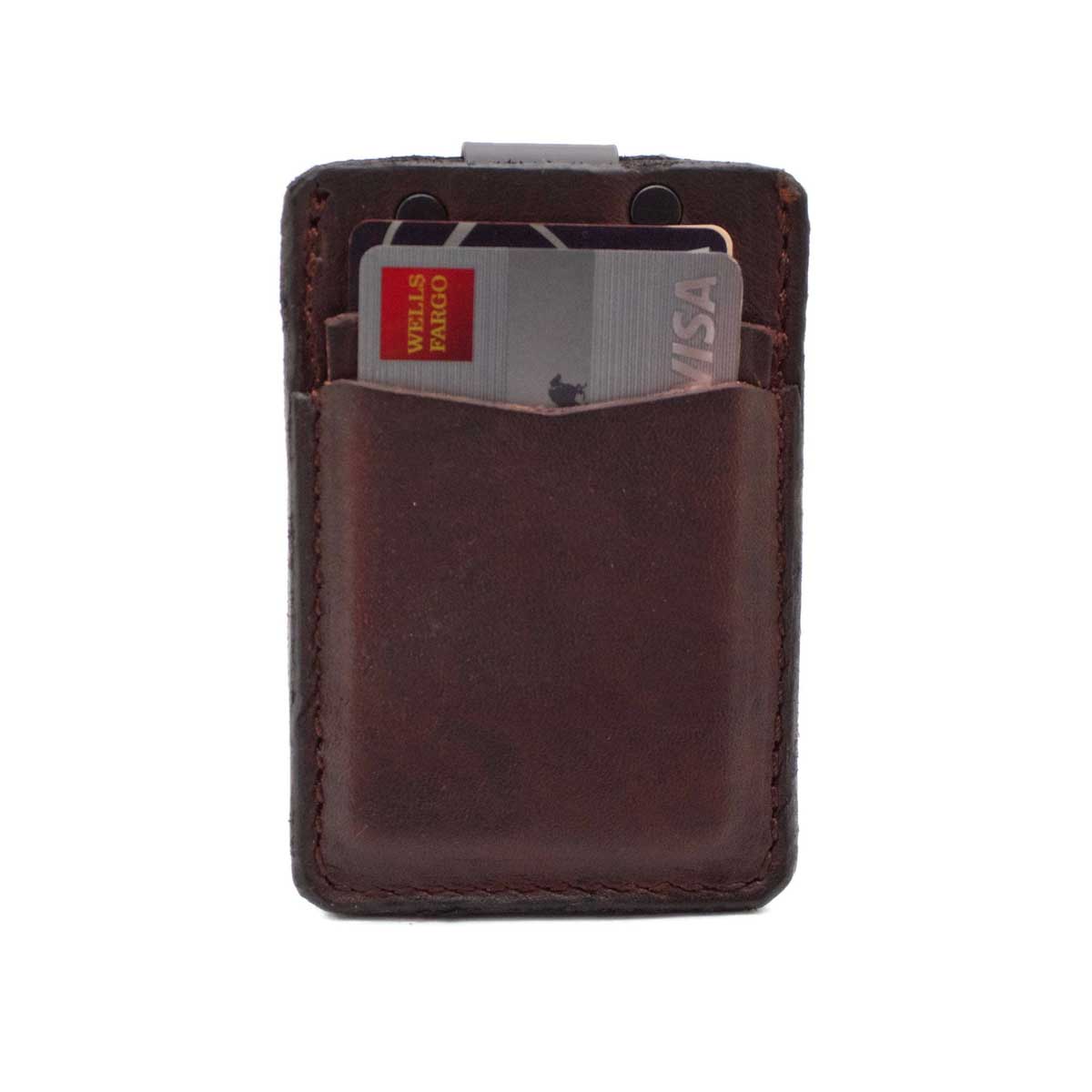 Front 2 pockets of mahogany minimalist wallet with cards in pockets