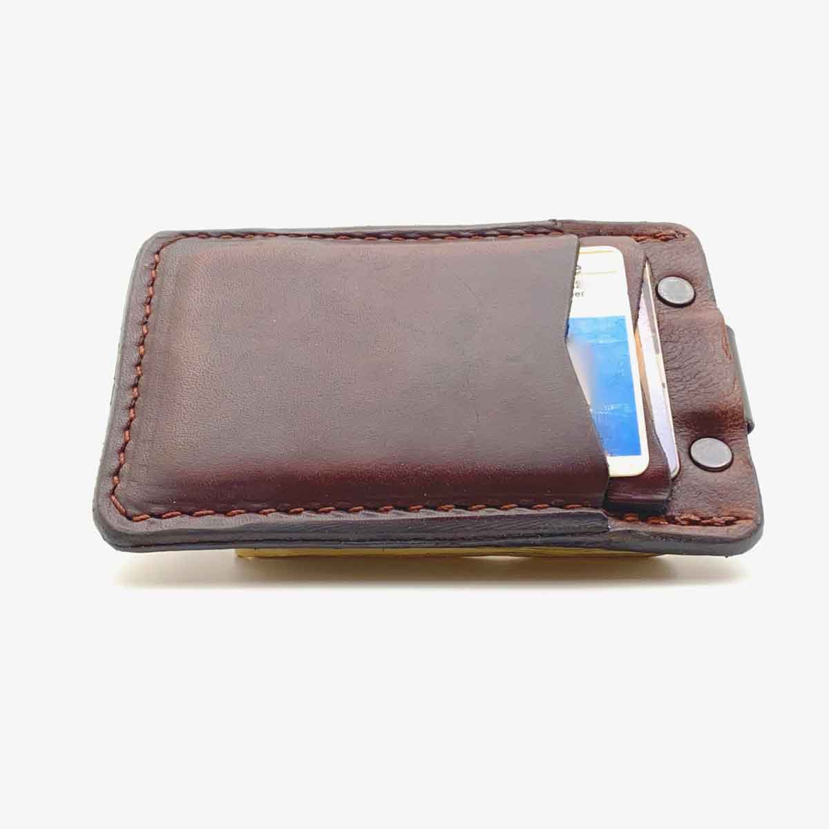Front side of Mahogany Minimalist wallet with cards in pockets