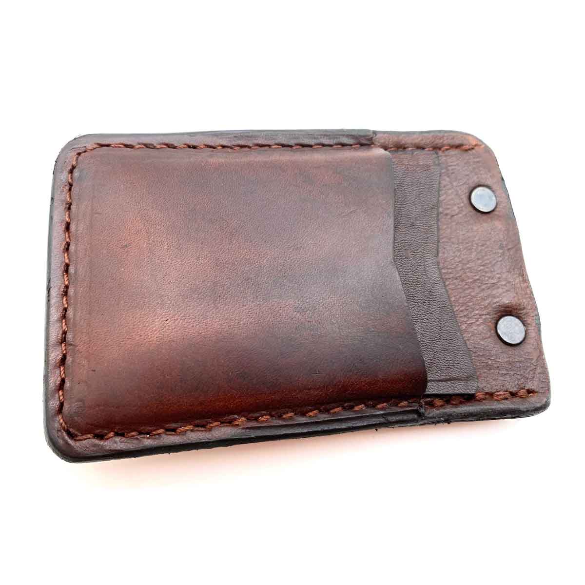 Front side of Mohogany minimalist wallet with no cards in pockets