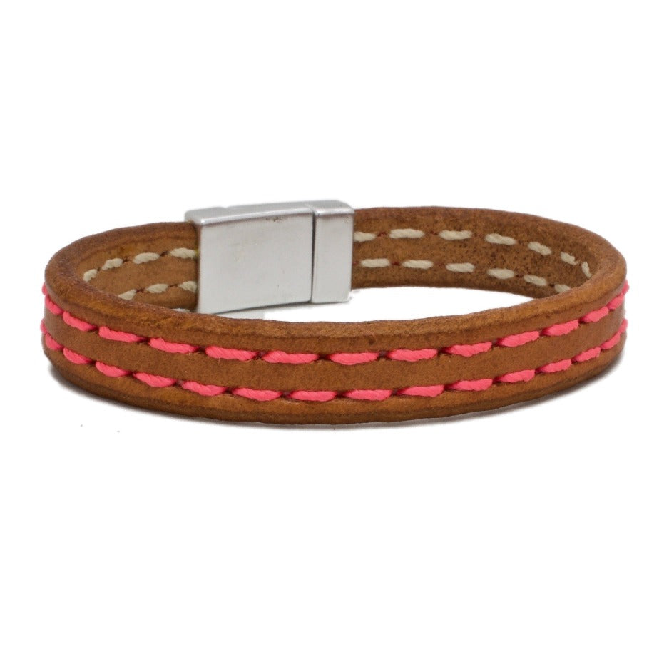 Front Side of Maya Bespoke Leather Bracelet with Lipstick Pink stitching and  Silver Magnetic Clasp