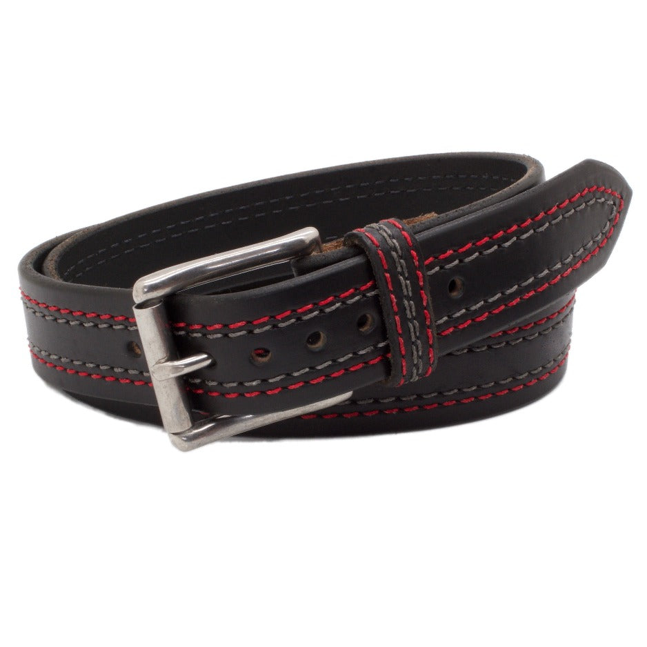 Front Side of McQueen Mens Black Leather Belt with Cardinal and Steel Stitching and Stainless Steel buckle