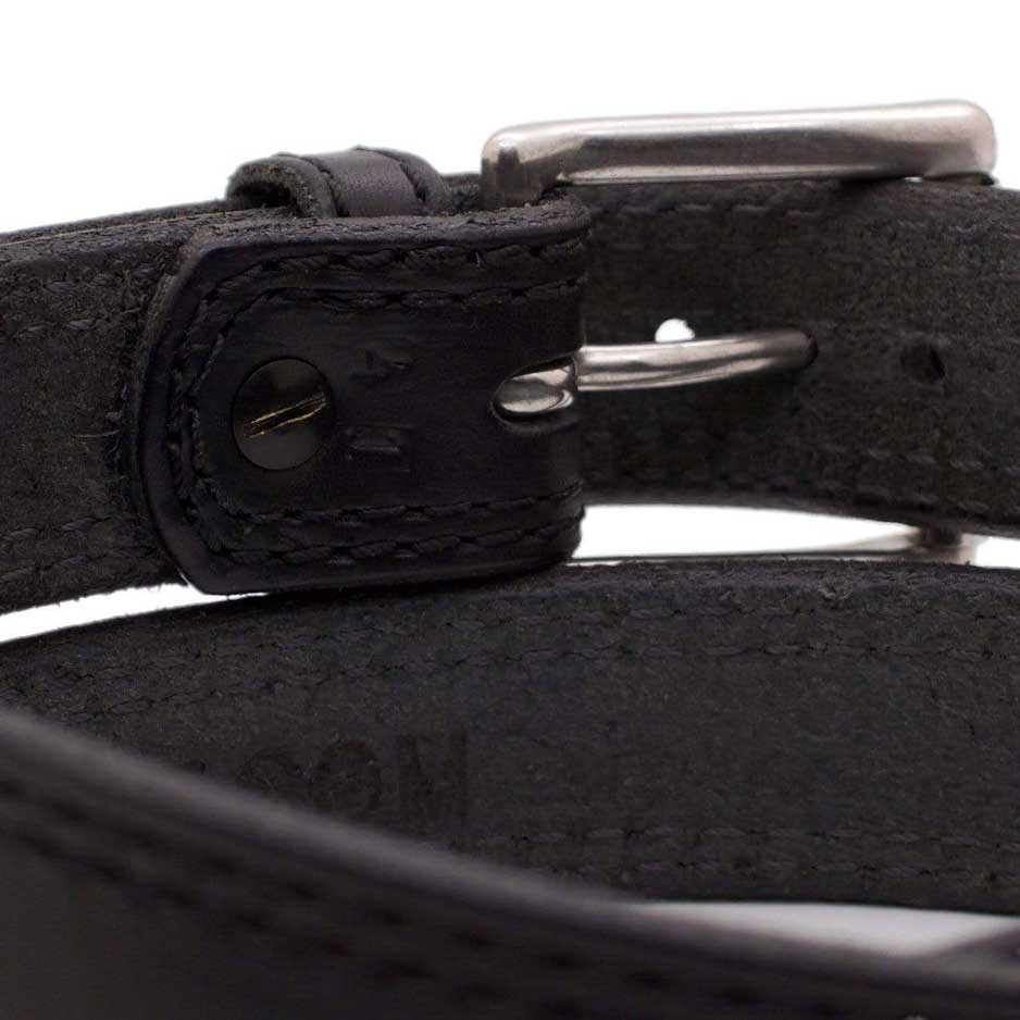 Closeup of Back Side of Peacekeeper Mens Black Leather Belt with Stainless Steel buckle