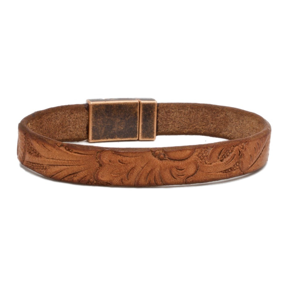 Front Side of Santa Anita Womens leather bracelet with aged copper magnetic clasp
