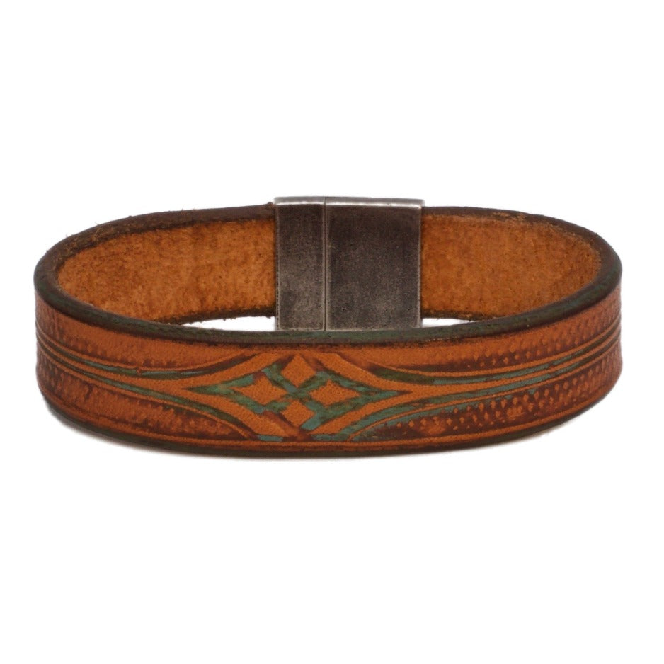 Front Side of Stickley Natural and Turquoise Bespoke Leather Bracelet with Stainless Steel Clasp