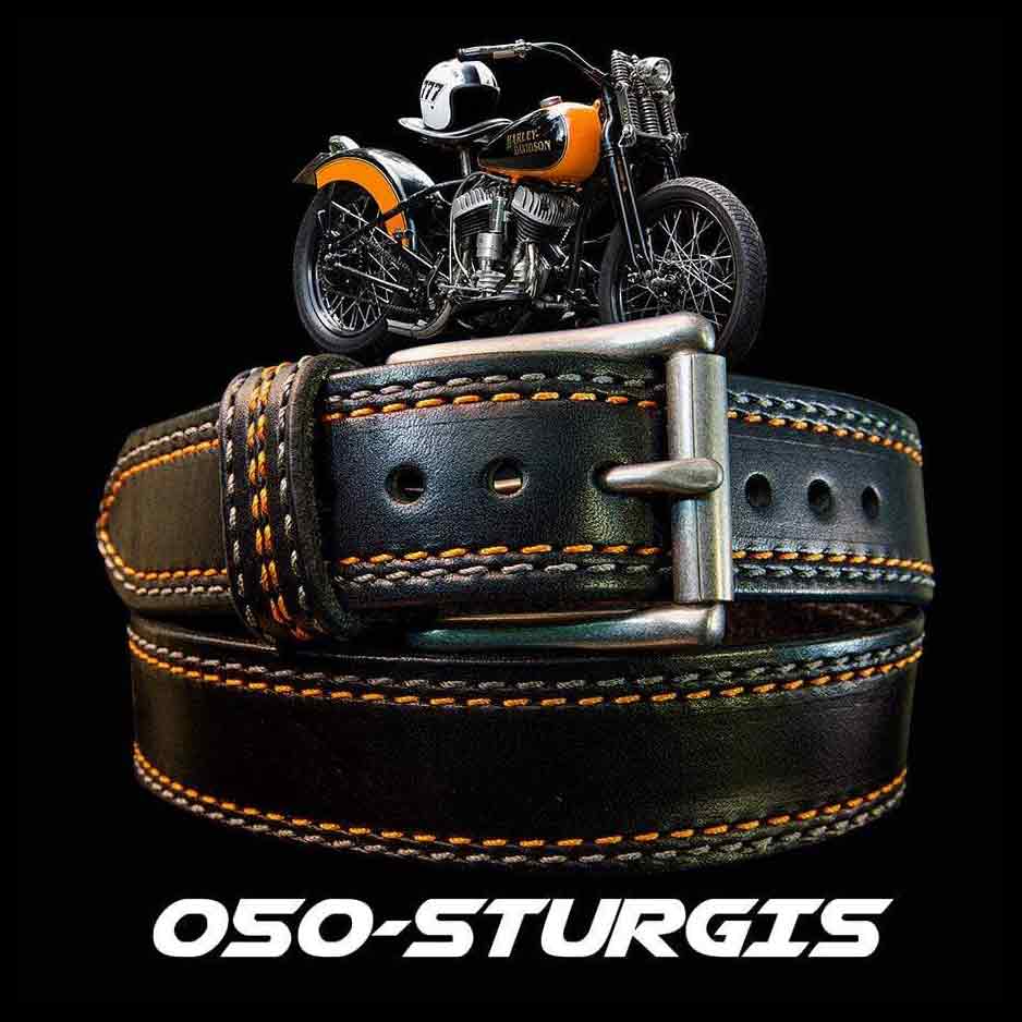 Sturgis Mens Black Leather Belt with Orange Motorcycle