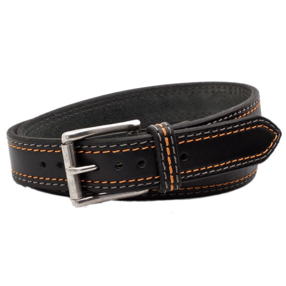 Front Side of Sturgis Mens Black Leather Belt with Orange and Steel Stitching and Stainless Steel buckle