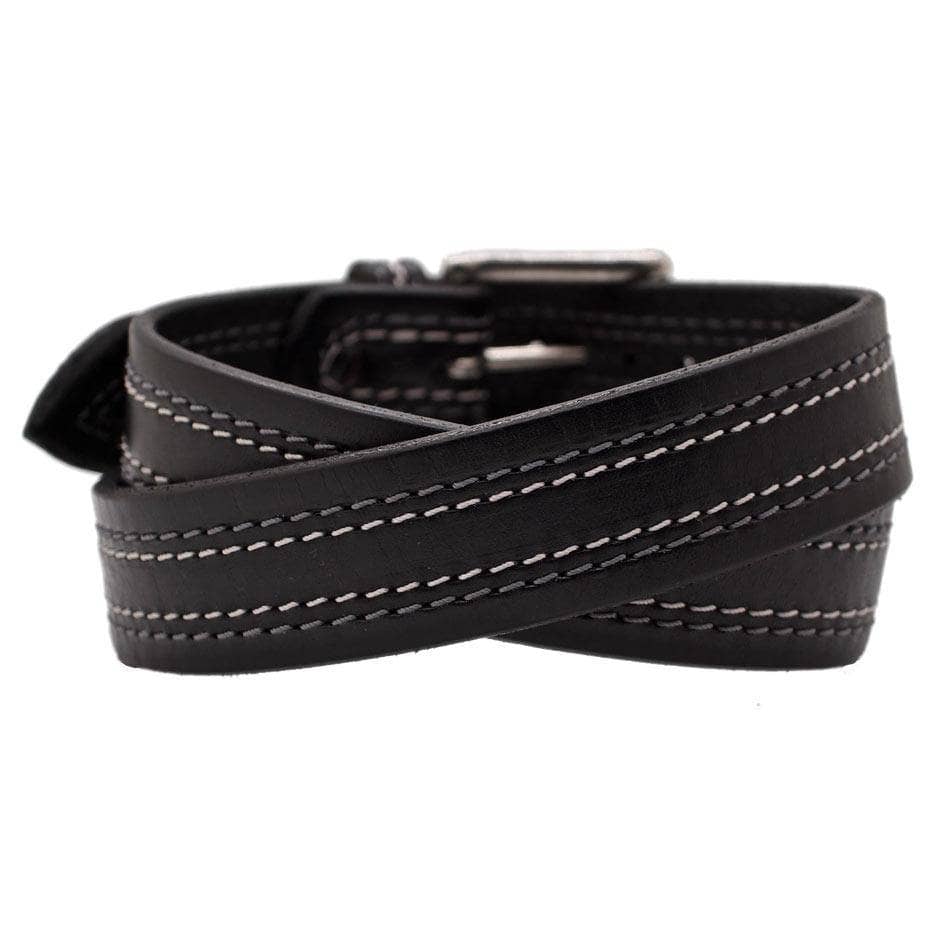 Front Side of Tesla Mens Black Leather Belt with Stainless Steel buckle