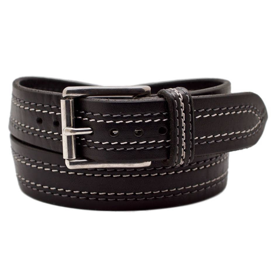 Front Side of Tesla Mens Black Leather Belt with Stainless Steel buckle