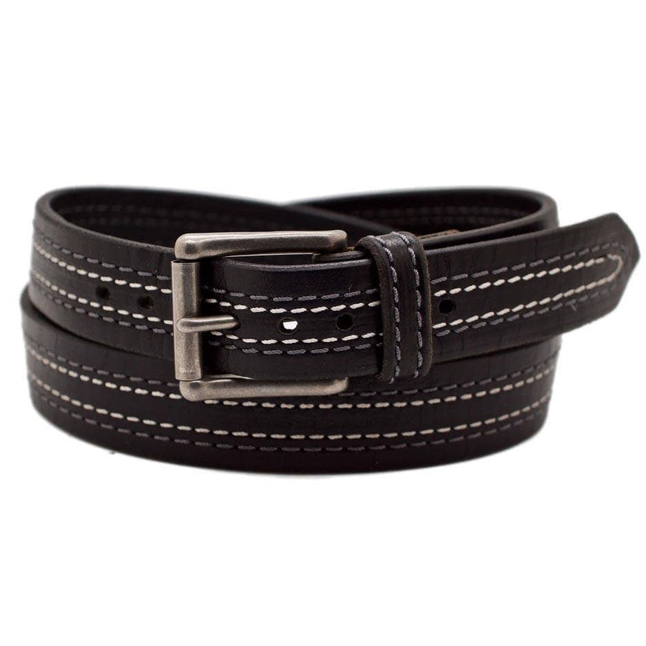 Front Side of Tesla Mens Narrow Black Leather Belt with Stainless Steel buckle