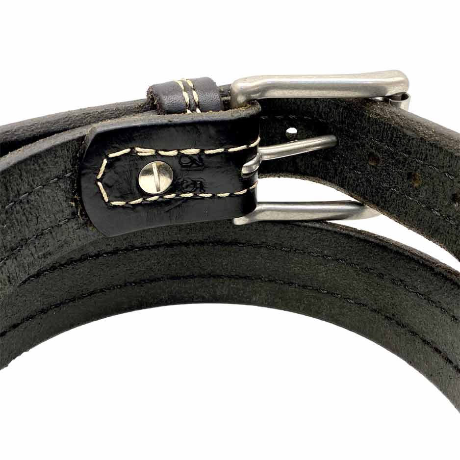 Closeup of Back Side of Troubadour Mens Black Leather Belt with Stainless Steel buckle