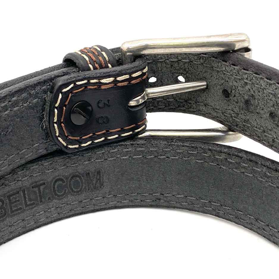 Closeup of Back Side of Union Square Mens Black Leather Belt with Stainless Steel buckle